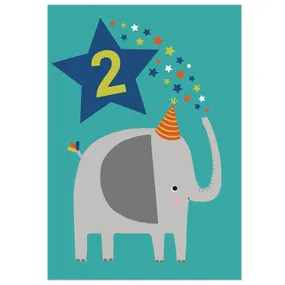 Age 2 Elephant Greetings Card (Blue Background) by Mifkins