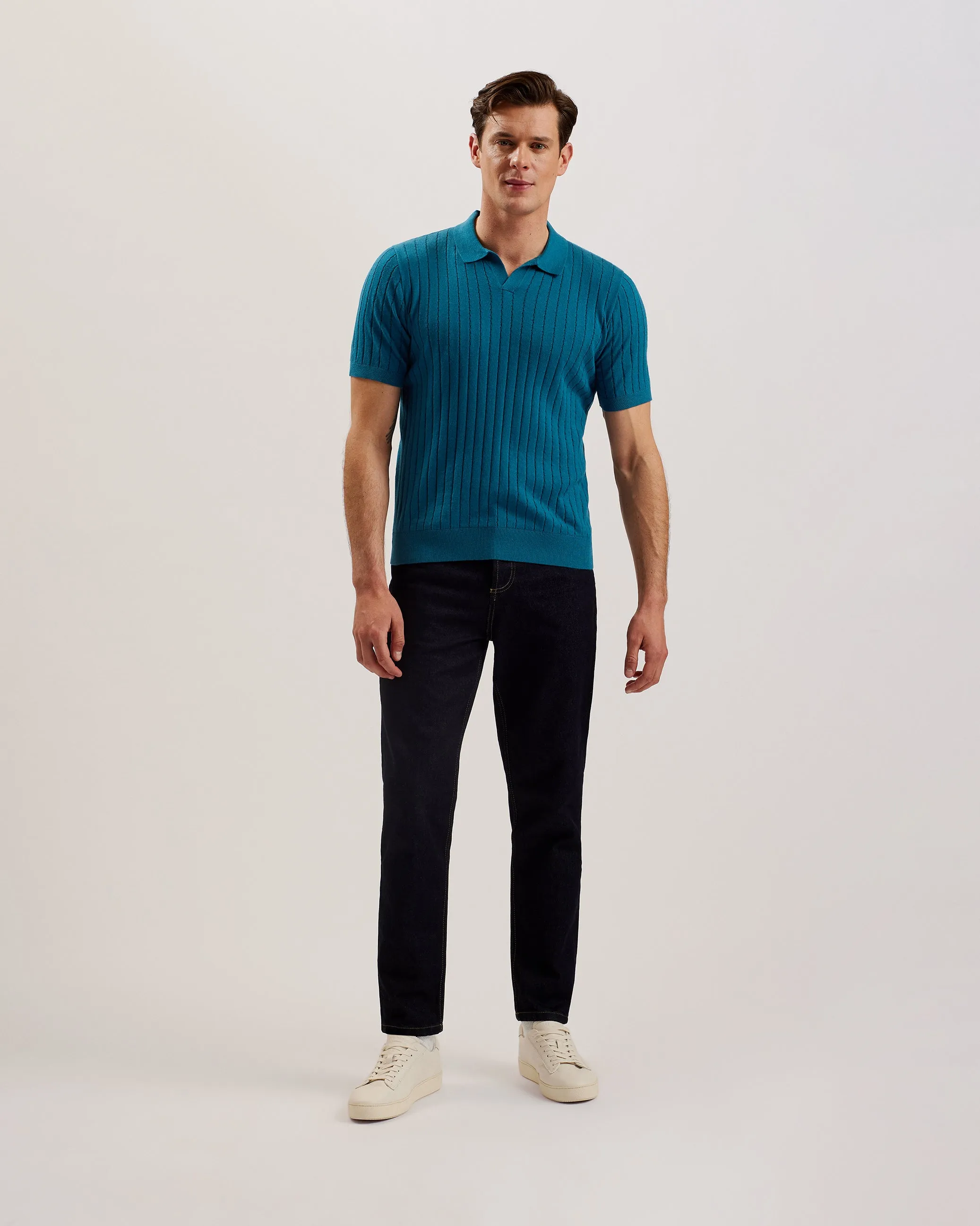 Botany Short Sleeve Open Collar Polo Shirt Teal-Blue