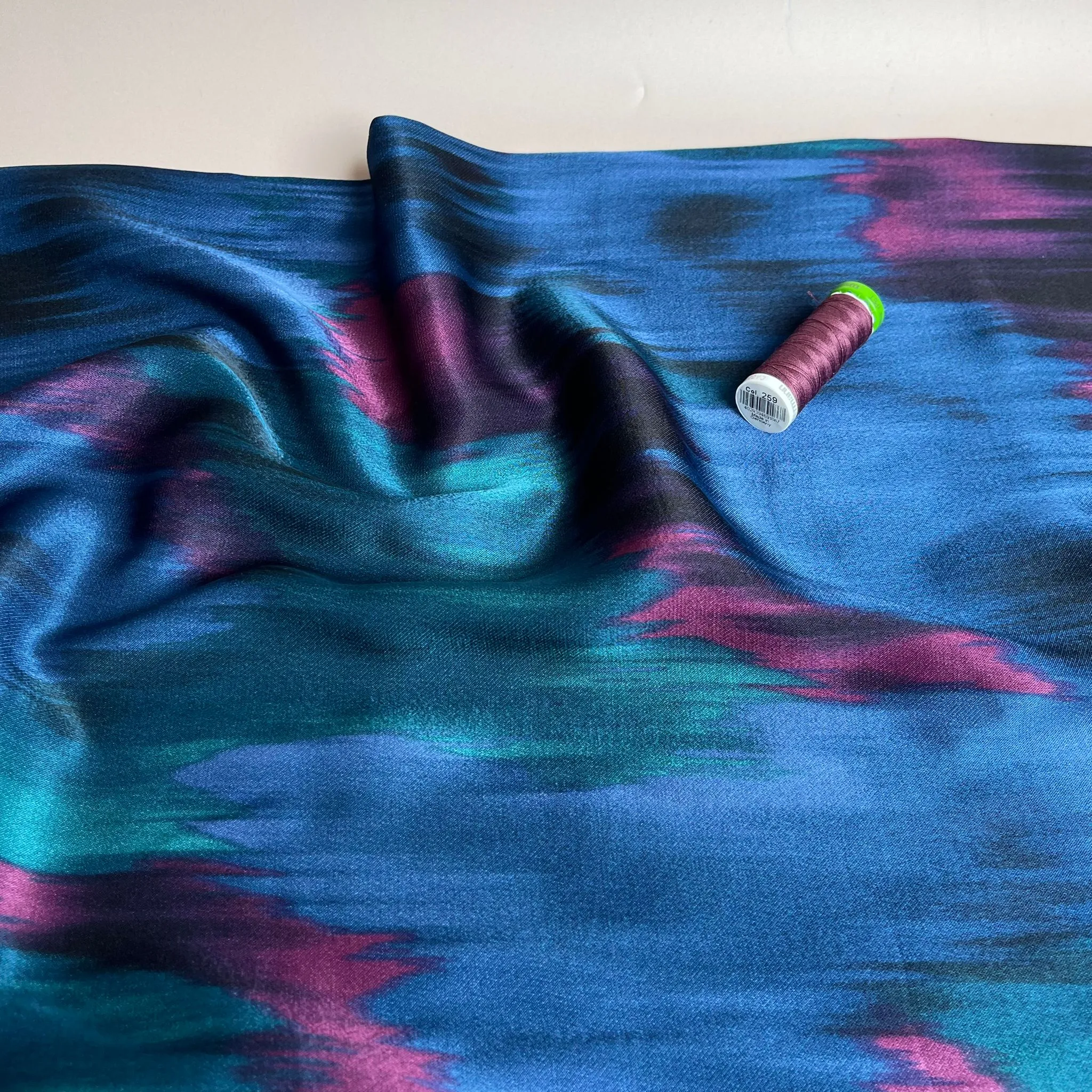 Brush Strokes in Blue Spun Rayon Sateen