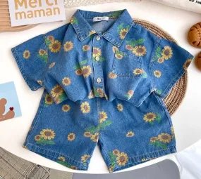 Denim Floral Bear Print Kids Unisex Shirt and Shorts Set