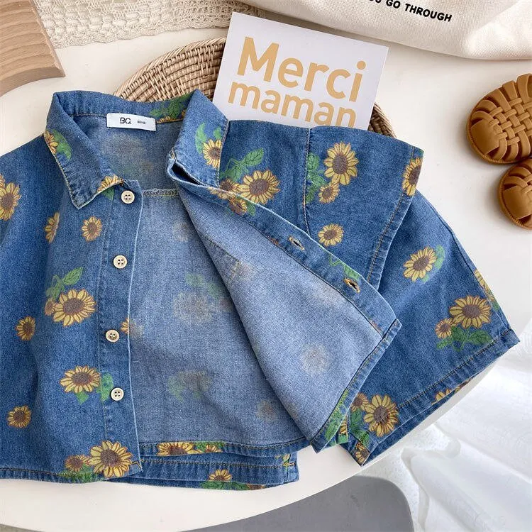 Denim Floral Bear Print Kids Unisex Shirt and Shorts Set