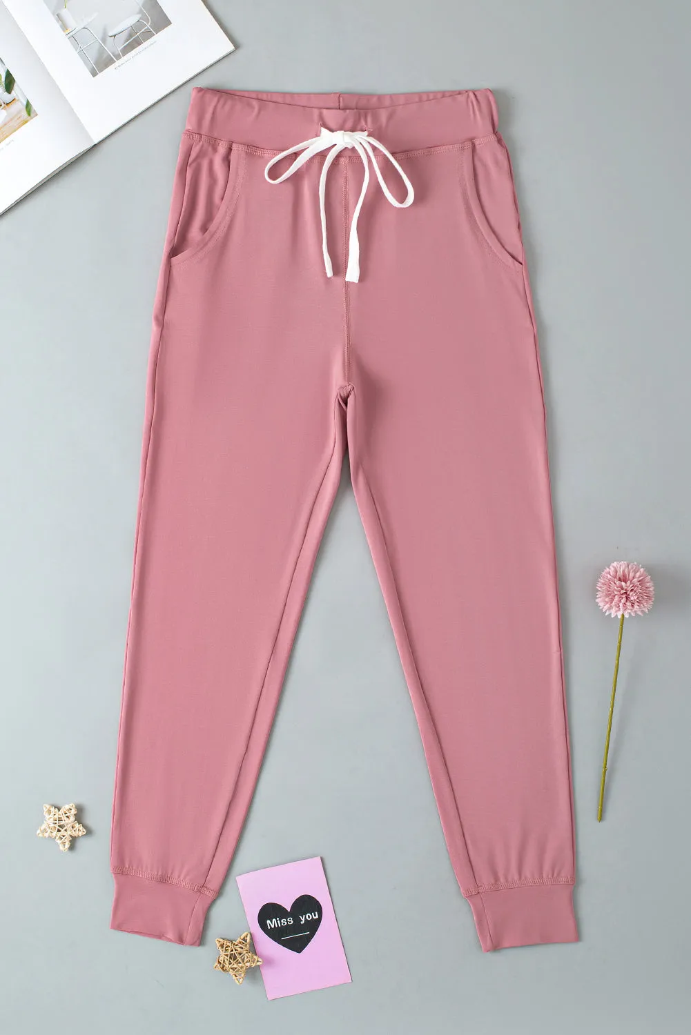 Fushia Drawstring Waist Pocketed Joggers