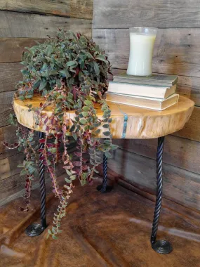 Handmade Deodar Cedar Accent Table Featuring Hand-Forged Steel Legs With Spiral Feet