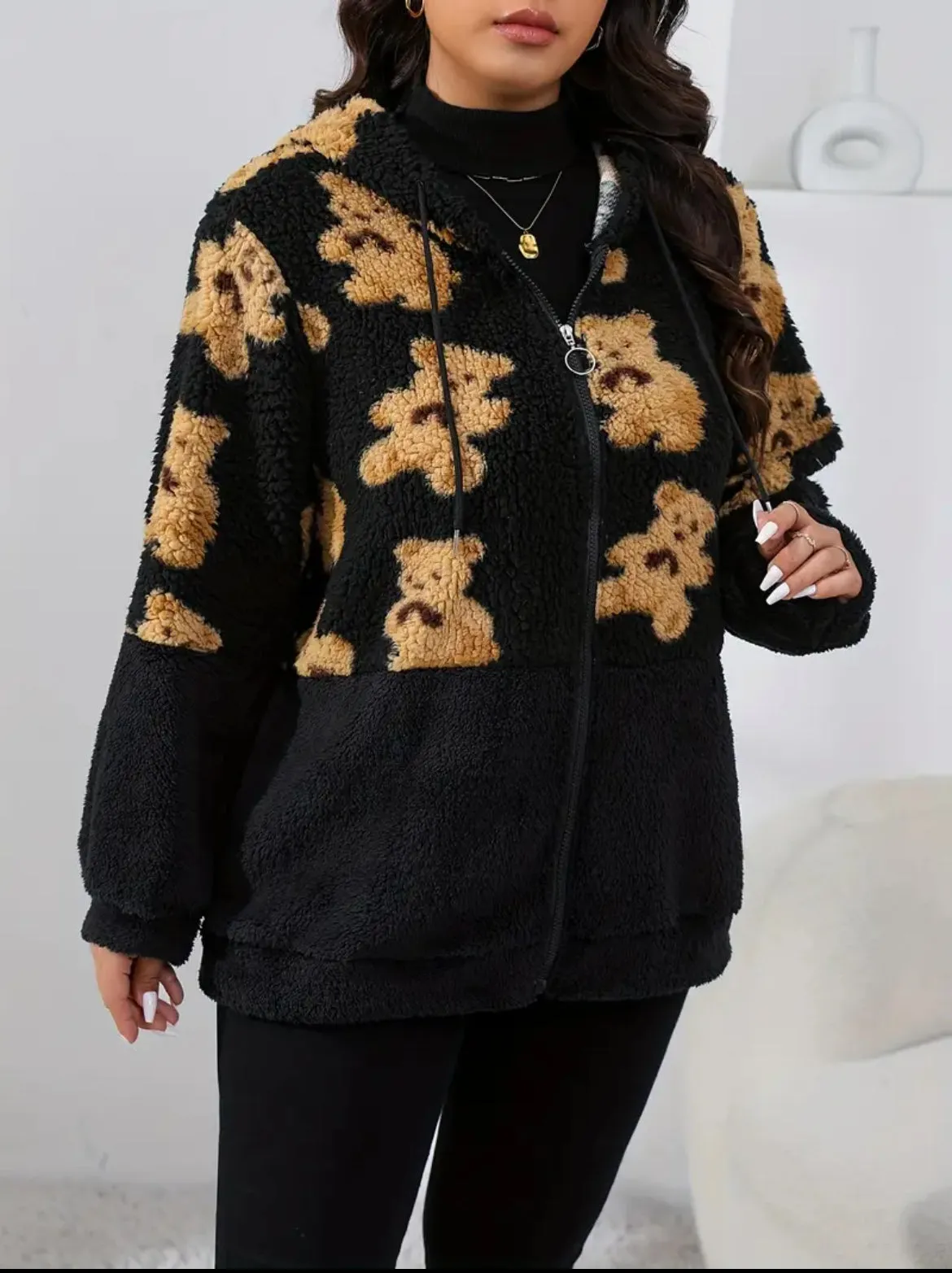 Plus Size Casual, Posh  Mommies Collection, Women's Plus Bear Print Teddy Fleece Zipper Hooded Drawstring Long Sleeve Loose Fit Coat