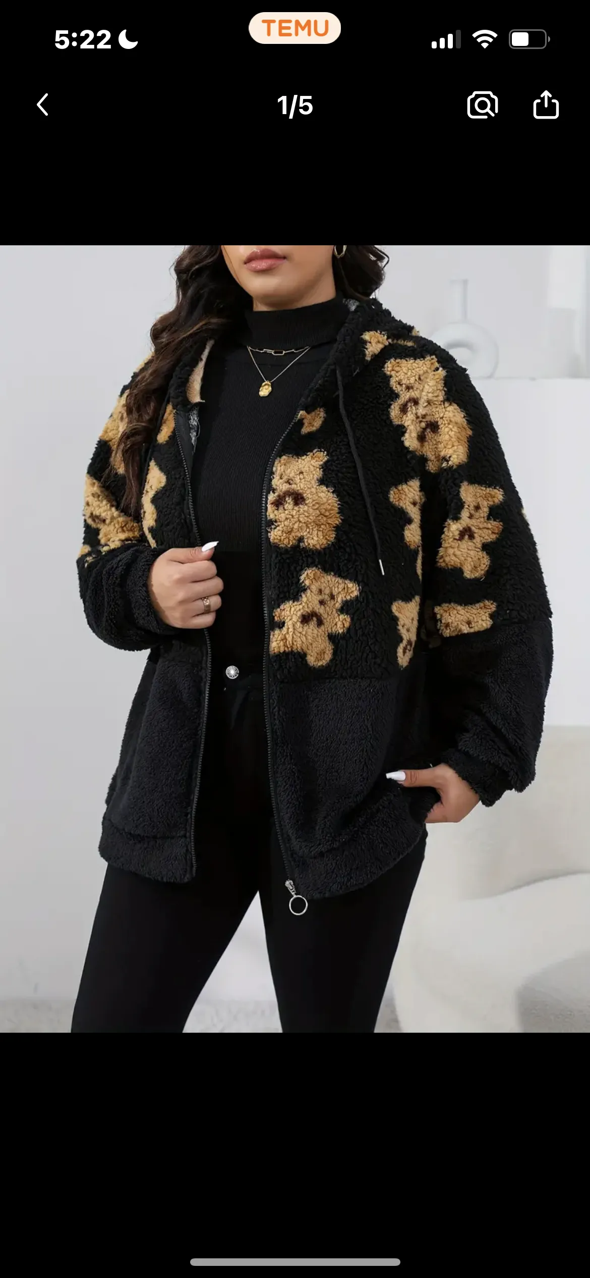 Plus Size Casual, Posh  Mommies Collection, Women's Plus Bear Print Teddy Fleece Zipper Hooded Drawstring Long Sleeve Loose Fit Coat