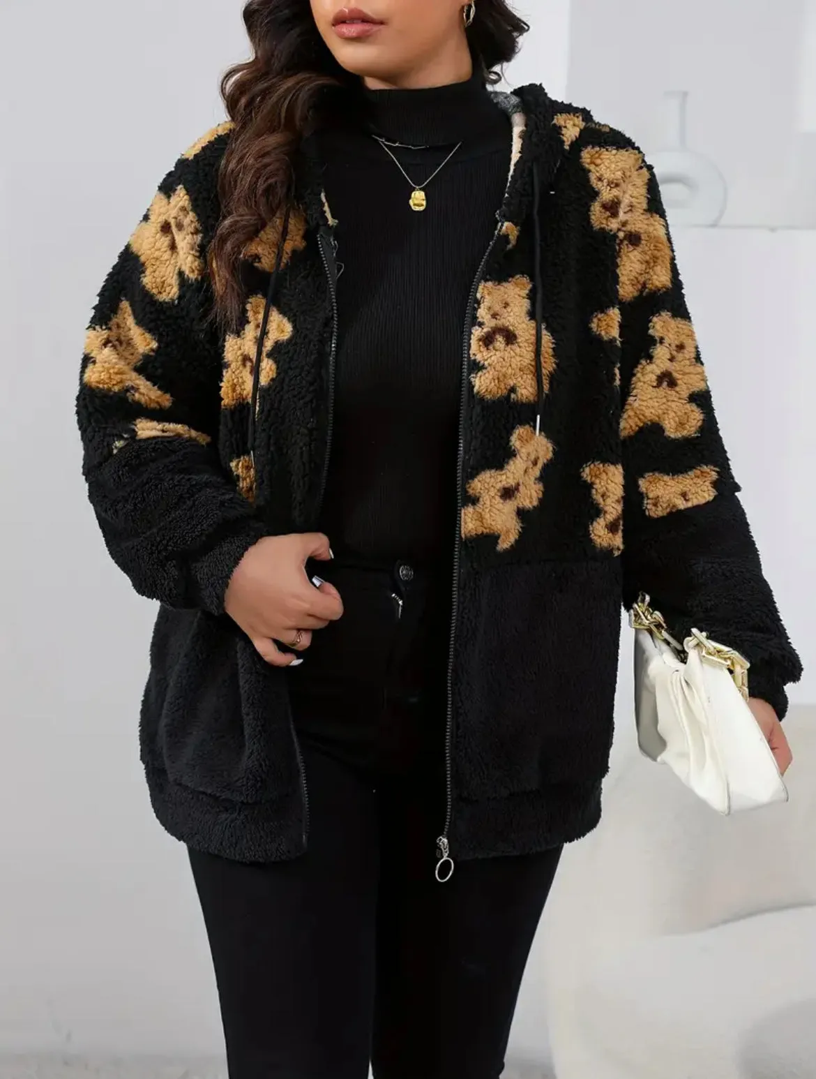 Plus Size Casual, Posh  Mommies Collection, Women's Plus Bear Print Teddy Fleece Zipper Hooded Drawstring Long Sleeve Loose Fit Coat