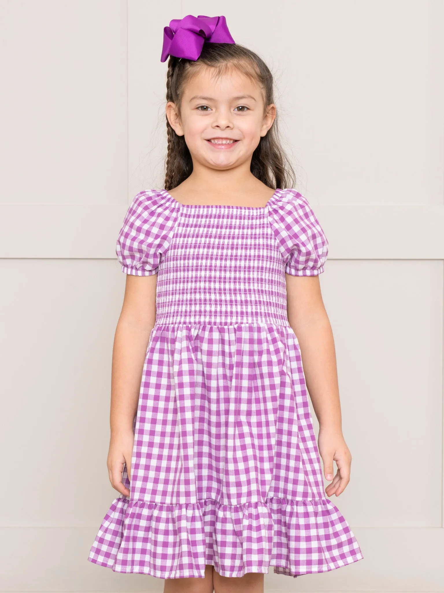 Purple Gingham Smocked Ruffle Dress