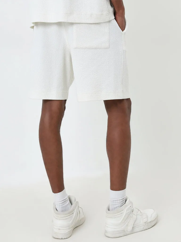 Studiofit White Textured Relaxed-Fit Mid-Rise Shorts